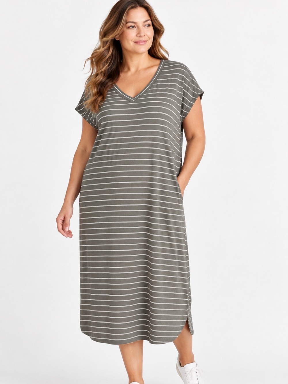 J.Jill Gray Green White Striped V-Neck Midi T-Shirt Dress 1X